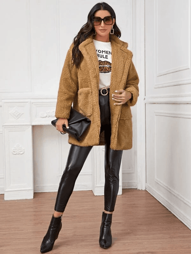 Light Khaki Lapel Collar Teddy Coat