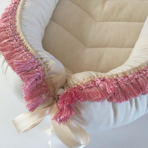 Natural Linen + Vintage Pink Tassel Trim Sleeping Pod