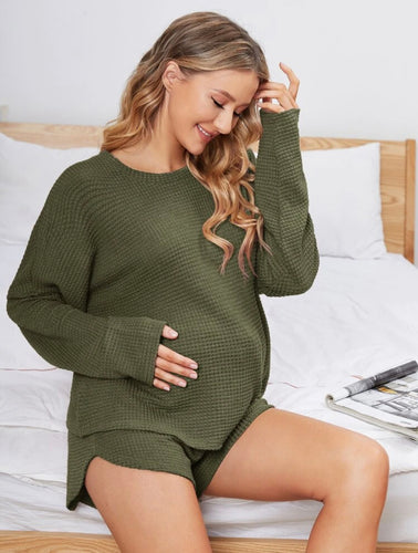 Maternity Waffle Knit Drop Shoulder Set - Olive